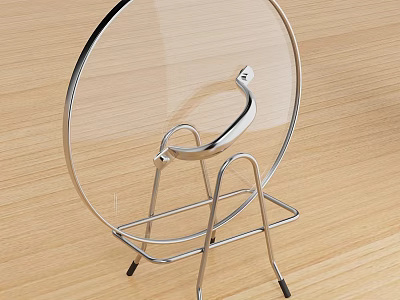 Transparent Circular Glass Plate On Silver Curved Metal Stand With Wooden Tabletop 3d model