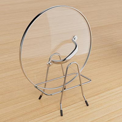 Transparent Circular Glass Plate On Silver Curved Metal Stand With Wooden Tabletop 3d model