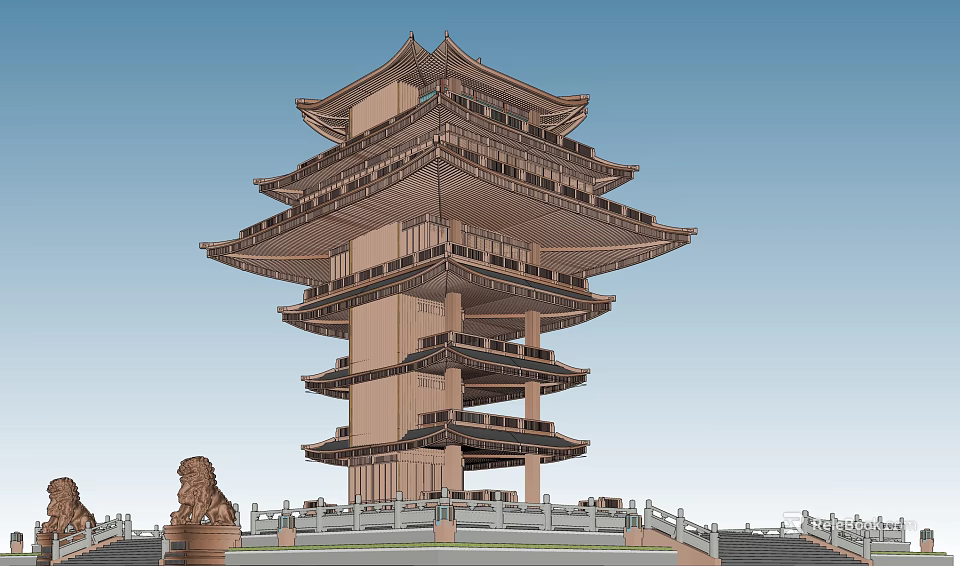 Traditional Multi Story Pagoda With Ornate Eaves Stone Lion Statue And Decorative Base Railings 3d model 