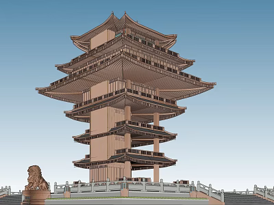 Traditional Multi Story Pagoda With Ornate Eaves Stone Lion Statue And Decorative Base Railings 3d model