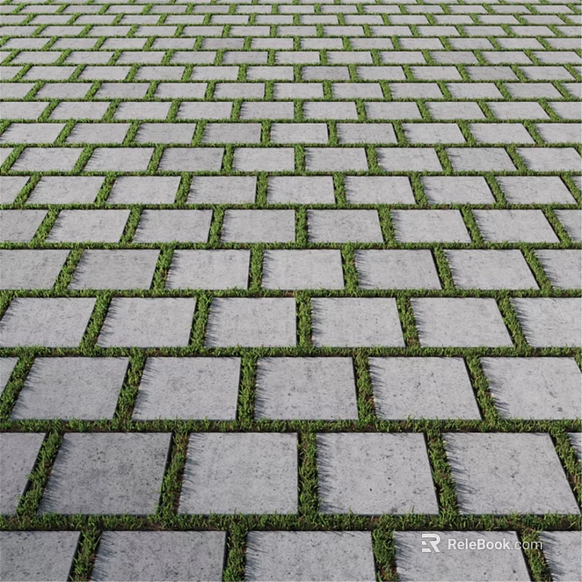 Outdoor Paved Ground With Gray Square Pavers And Green Grass Growing Between Gaps 3d model 