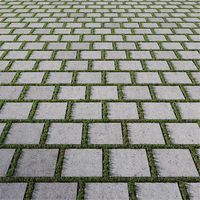 Outdoor Paved Ground With Gray Square Pavers And Green Grass Growing Between Gaps 3d model