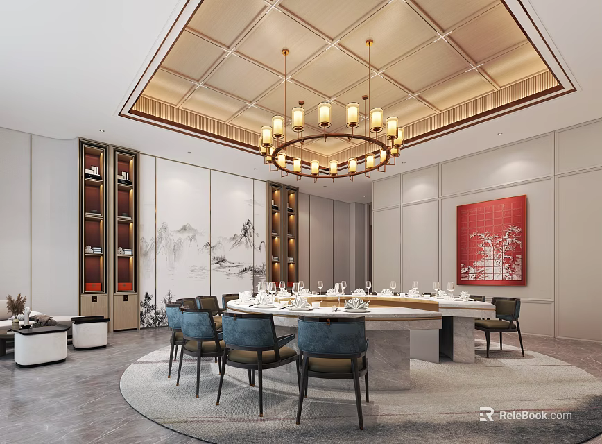 Elegant Private Dining Room With Chandelier Round Dining Table Chairs Red Painting Bookshelves And Tableware 3d model 