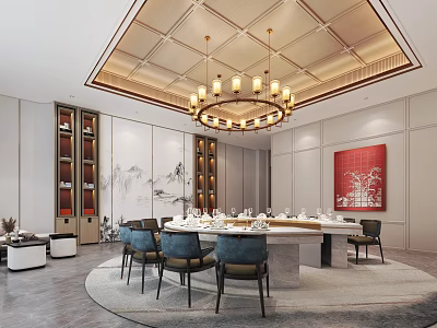 Elegant Private Dining Room With Chandelier Round Dining Table Chairs Red Painting Bookshelves And Tableware 3d model