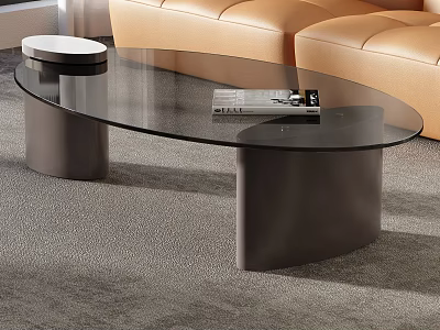 Oval Glass Top Coffee Table With Curved Metal Bases And Small Round Stool 3d model