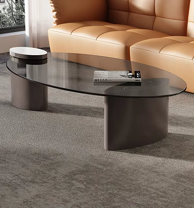 Oval Glass Top Coffee Table With Curved Metal Bases And Small Round Stool 3d model