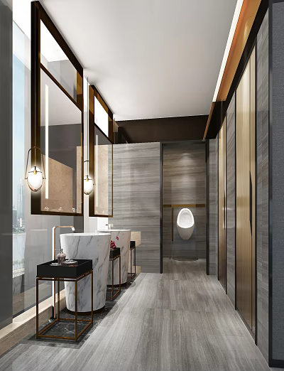 Modern Public Restroom Interior Design With Marble Counter Mirrors Urinal And Lighting 3d model