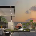 Modern Courtyard Garden With Outdoor Seating Plants Stone Paving And Circular Wall Art