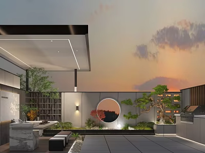 Modern Courtyard Garden With Outdoor Seating Plants Stone Paving And Circular Wall Art 3d model