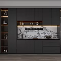 Modern Wine Cabinet Design With Marble Backsplash Illuminated Shelves And Glassware