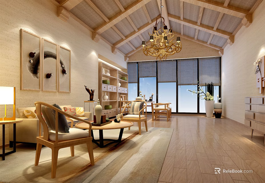 Modern Office Interior Featuring Wooden Ceiling Chandelier Bookshelves Sofa Area And Large Windows 3d model 