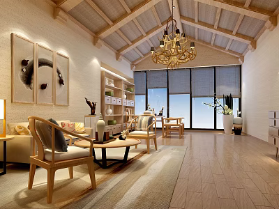 Modern Office Interior Featuring Wooden Ceiling Chandelier Bookshelves Sofa Area And Large Windows 3d model