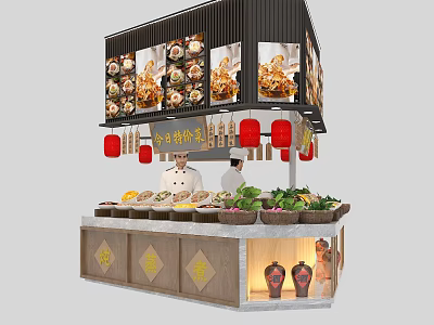 Traditional Chinese Restaurant With Pan Fried Buns Food Display Red Lanterns And Staff 3d model