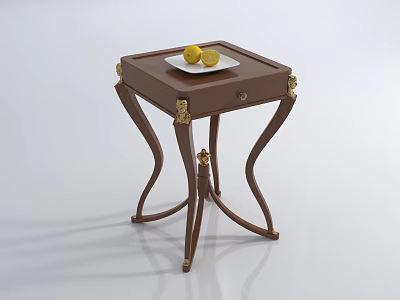 Brown Square Tea Table With Golden Decoration Curved Legs And Lemon On Plate 3d model