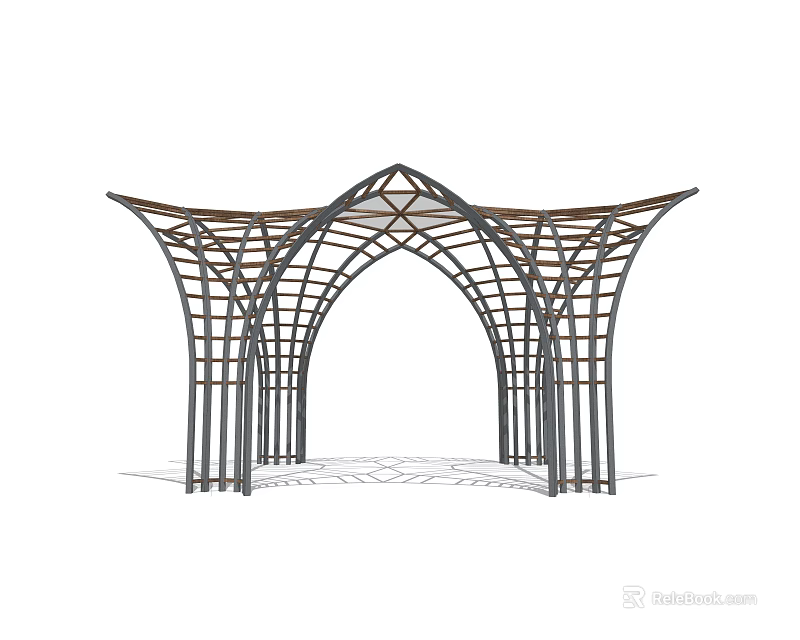 Modern Outdoor Pergola With Arched Metal Frame And Grid Top Structure 3d model 