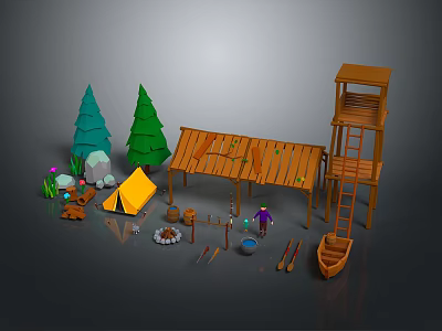 Outdoor Camping Scene With Yellow Tent Green Trees Wooden Shelter And Boat 3d model