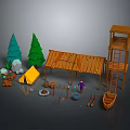 Outdoor Camping Scene With Yellow Tent Green Trees Wooden Shelter And Boat