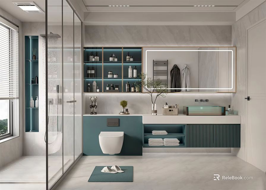 Modern Bathroom Interior With Glass Shower Vanity Double Sink And Large Mirror Cabinetry 3d model 