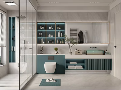 Modern Bathroom Interior With Glass Shower Vanity Double Sink And Large Mirror Cabinetry 3d model