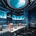 Modern KTV Lounge Interior With Blue Ocean Themed Decor And Round Ceiling Screen