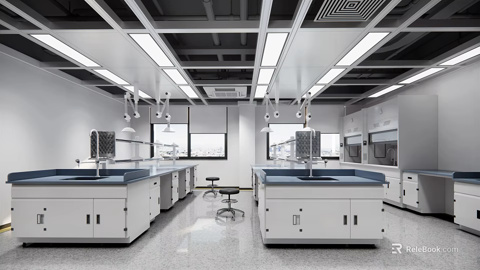 Modern Laboratory Interior With Well Equipped Benches Ceiling Lighting And Large Windows 3d model 