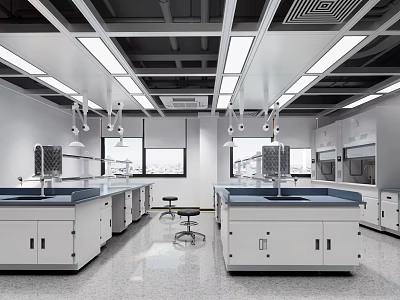 Modern Laboratory Interior With Well Equipped Benches Ceiling Lighting And Large Windows 3d model