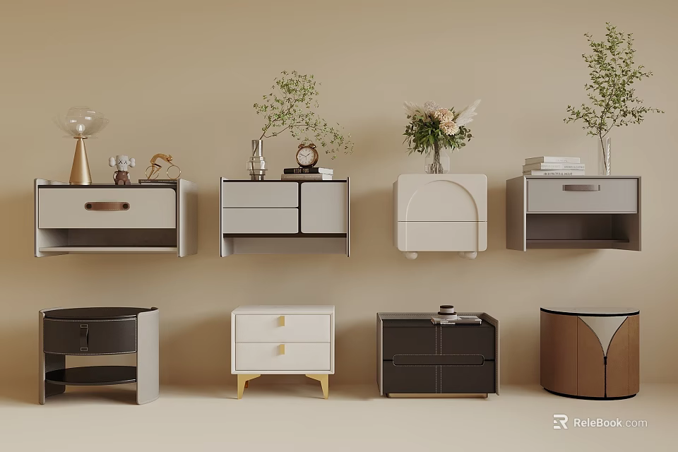 Various Styles of Wall Mounted and Floor Cabinets with Decorative Plants and Vases 3d model 