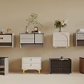 Various Styles of Wall Mounted and Floor Cabinets with Decorative Plants and Vases