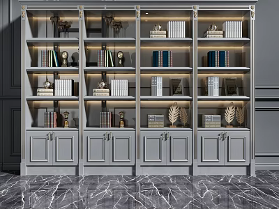 Elegant Modern Bookcase Design With Multiple Shelves Books Trophies Decorative Items And Cabinet Doors 3d model