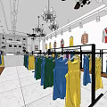 Vibrant Clothing Store Interior With Hanging Colorful Clothes Racks And Ceiling Decor