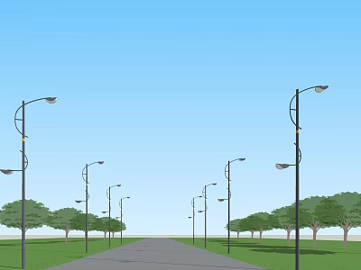 Outdoor Street Lights Lining Both Sides Of Road With Trees And Grass 3d model