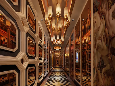 Luxurious Elevator Hallway With Golden Chandeliers Mirrors Ornate Murals And Patterned Floor 3d model