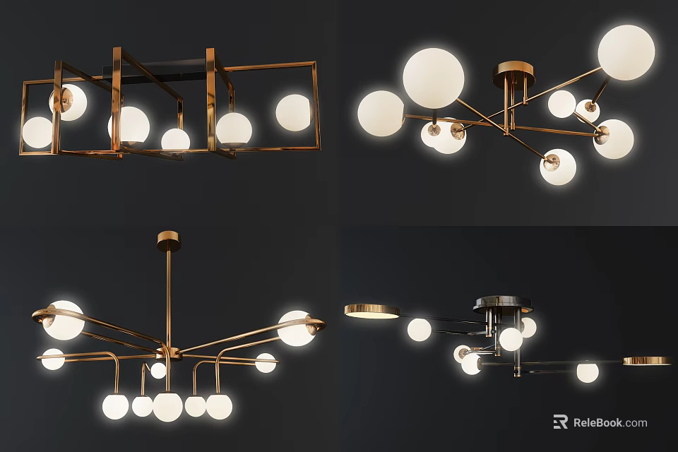 Various Modern Chandelier Styles Featuring Metal Frames and Spherical Light Bulbs 3d model