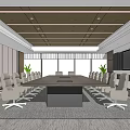Modern Conference Room Interior Design With Long Table Ergonomic Chairs Large Windows And Projector Screens