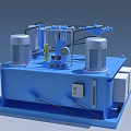 Blue Hydraulic Industrial Equipment With Dual Motors Pipes Gauges And Valves On Stable Base