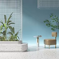 Modern Beige Single Sofa With Metal Legs White Grid Screen Blue Wall And Green Plants