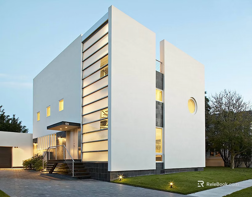 Modern Detached House With White Exterior Geometric Design Circular Window Front Steps And Lawn 3d model 
