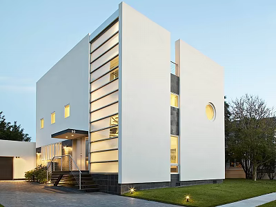 Modern Detached House With White Exterior Geometric Design Circular Window Front Steps And Lawn 3d model