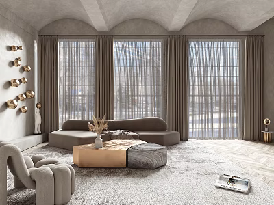 Modern Living Room Sofa and Coffee Table Set With Light Gray Rug and Large Windows 3d model