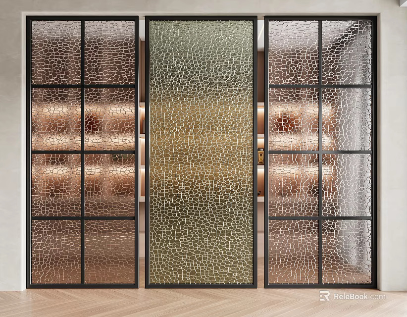 Modern Glass Partition Interior Design With Textured Panels And Metal Frame 3d model 