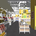 Bright Yellow Shopping Mall Store Entrance with Shelves Products and Shopping Carts