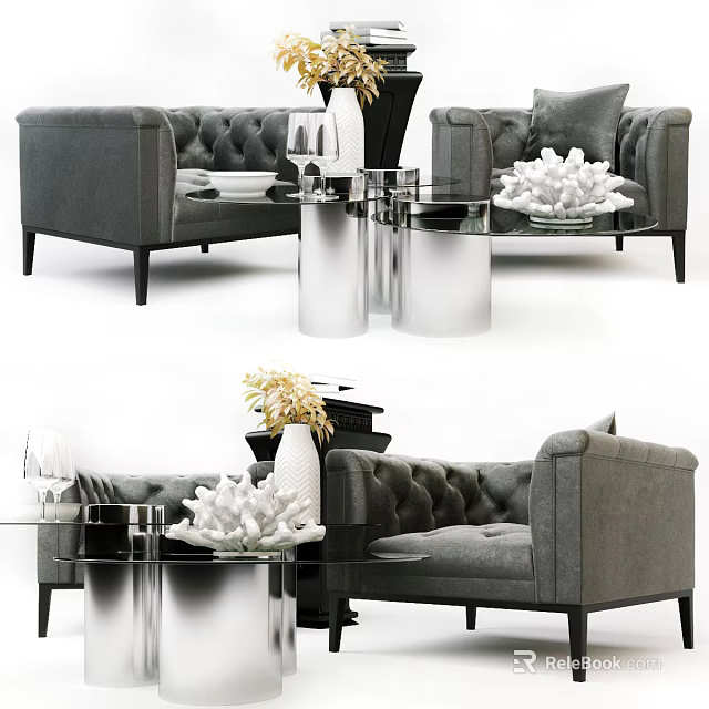 Modern Casual Sofa Set Tufted Gray Fabric With Glass Coffee Table And Coral Decor 3d model 