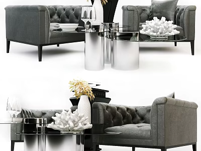 Modern Casual Sofa Set Tufted Gray Fabric With Glass Coffee Table And Coral Decor 3d model