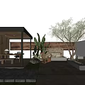 Modern Garden Landscape Featuring Wooden Fence Pavilion Large Green Plants Stone Fireplace And Stone Path