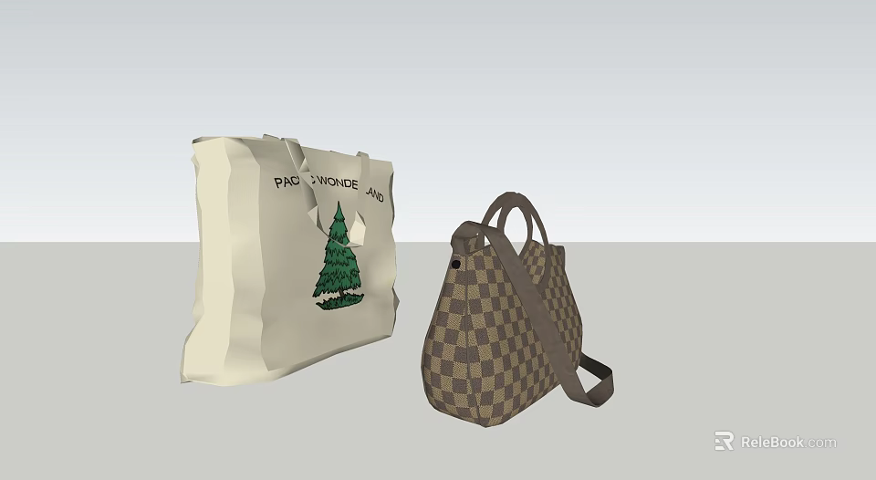 Stylish Canvas Tote Bag With Baby Voyage Text And Tree Print And Checkerboard Pattern Handbag 3d model 