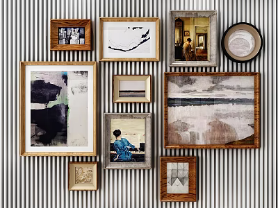 Gallery Wall Display With Various Framed Artworks And Striped Background Design 3d model