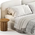 Modern Double Bed Design With Upholstered Headboard Beige Brown Soft Bedding And Round Side Table 3d model