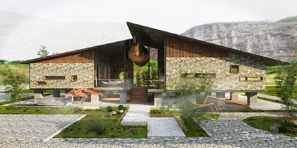 Rustic Modern Boutique Guesthouse With Stone Walls Wooden Structure And Sloped Roof Courtyard Greenery 3d model 