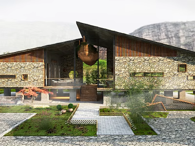 Rustic Modern Boutique Guesthouse With Stone Walls Wooden Structure And Sloped Roof Courtyard Greenery 3d model
