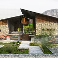 Rustic Modern Boutique Guesthouse With Stone Walls Wooden Structure And Sloped Roof Courtyard Greenery